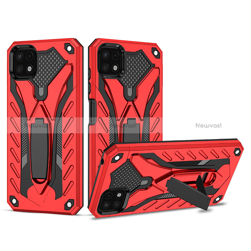 Silicone Matte Finish and Plastic Back Cover Case with Stand YF2 for Samsung Galaxy A22 5G Red