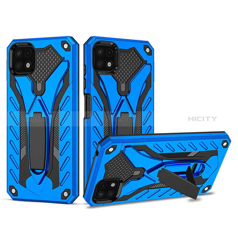 Silicone Matte Finish and Plastic Back Cover Case with Stand YF2 for Samsung Galaxy F42 5G Blue