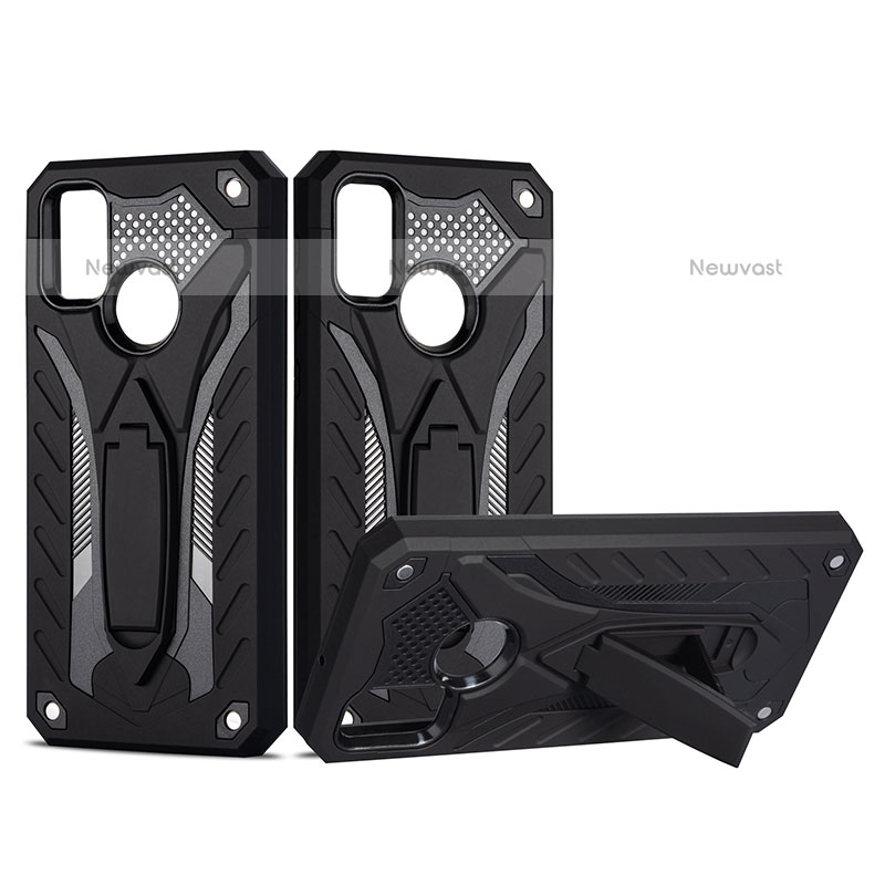 Silicone Matte Finish and Plastic Back Cover Case with Stand YF2 for Samsung Galaxy M21 Black