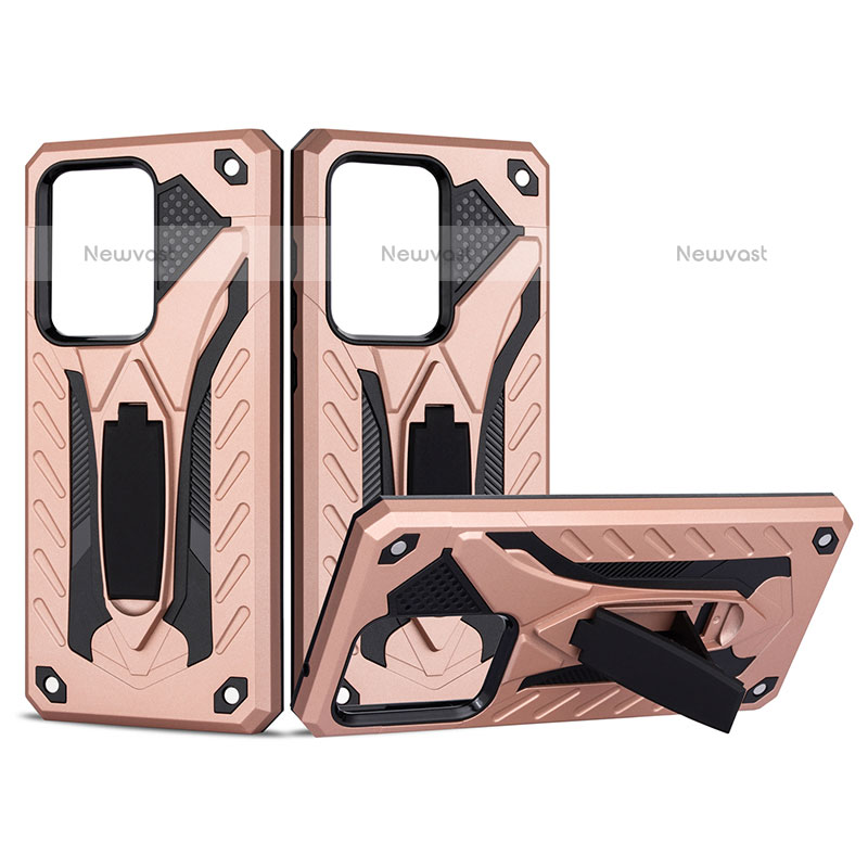 Silicone Matte Finish and Plastic Back Cover Case with Stand YF2 for Samsung Galaxy S20 Ultra Rose Gold