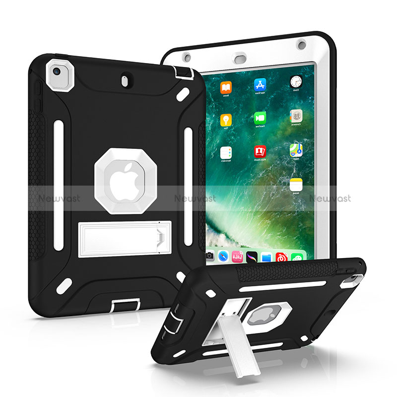 Silicone Matte Finish and Plastic Back Cover Case with Stand YJ1 for Apple iPad Mini 4 Silver and Black