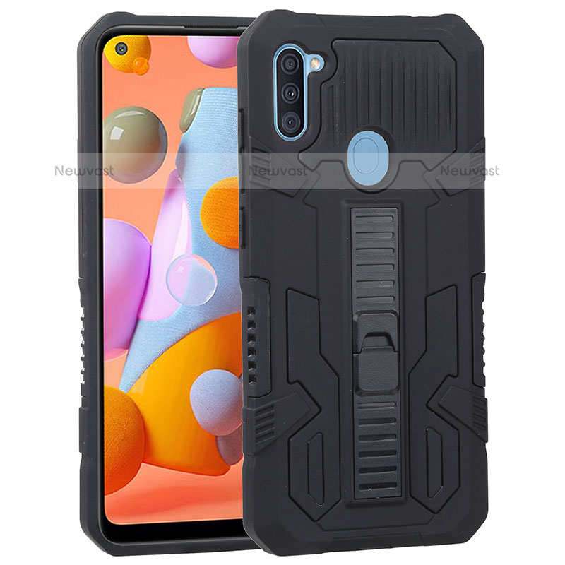 Silicone Matte Finish and Plastic Back Cover Case with Stand ZJ1 for Samsung Galaxy A11 Black