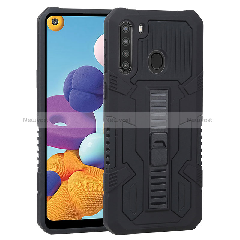 Silicone Matte Finish and Plastic Back Cover Case with Stand ZJ1 for Samsung Galaxy A21 Black
