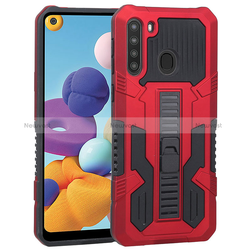 Silicone Matte Finish and Plastic Back Cover Case with Stand ZJ1 for Samsung Galaxy A21 Red