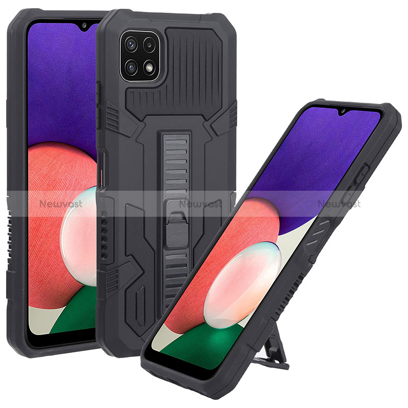 Silicone Matte Finish and Plastic Back Cover Case with Stand ZJ1 for Samsung Galaxy A22 5G Black