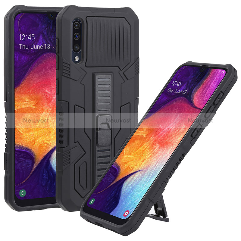 Silicone Matte Finish and Plastic Back Cover Case with Stand ZJ1 for Samsung Galaxy A30S Black