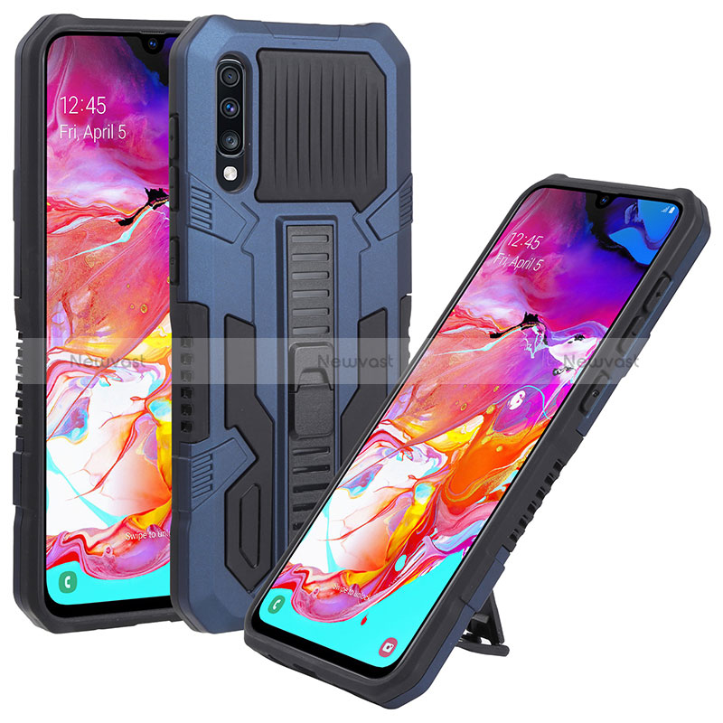 Silicone Matte Finish and Plastic Back Cover Case with Stand ZJ1 for Samsung Galaxy A70S Blue