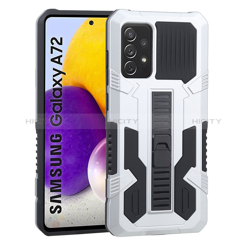 Silicone Matte Finish and Plastic Back Cover Case with Stand ZJ1 for Samsung Galaxy A72 4G White