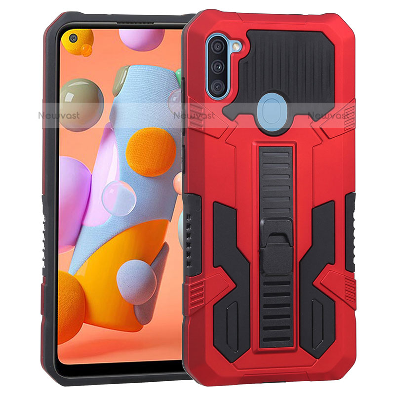 Silicone Matte Finish and Plastic Back Cover Case with Stand ZJ1 for Samsung Galaxy M11 Red