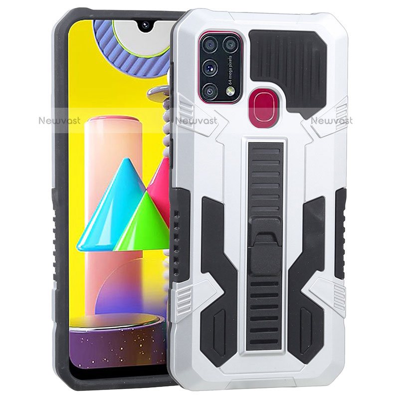 Silicone Matte Finish and Plastic Back Cover Case with Stand ZJ1 for Samsung Galaxy M31 White