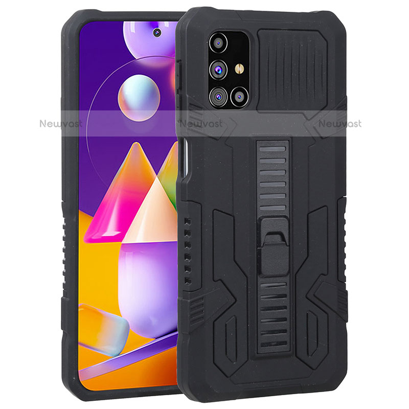 Silicone Matte Finish and Plastic Back Cover Case with Stand ZJ1 for Samsung Galaxy M31s Black