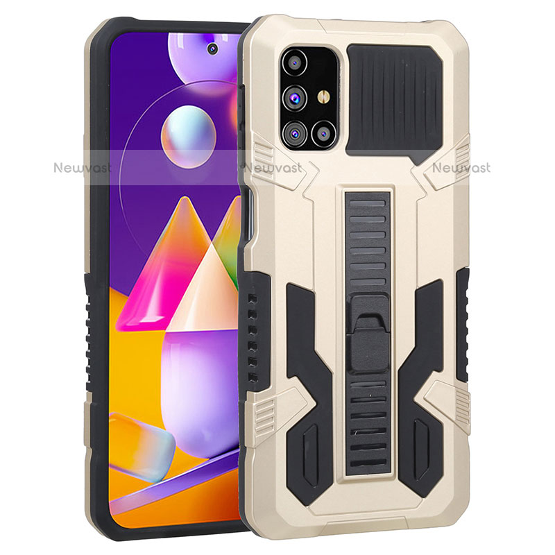 Silicone Matte Finish and Plastic Back Cover Case with Stand ZJ1 for Samsung Galaxy M31s Gold