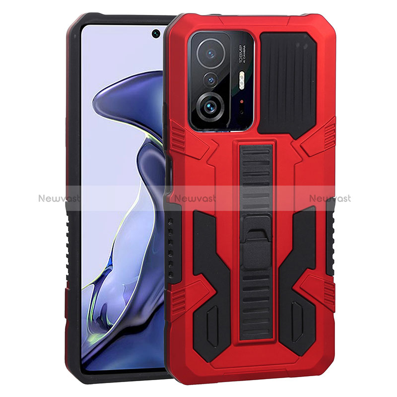 Silicone Matte Finish and Plastic Back Cover Case with Stand ZJ1 for Xiaomi Mi 11T 5G Red