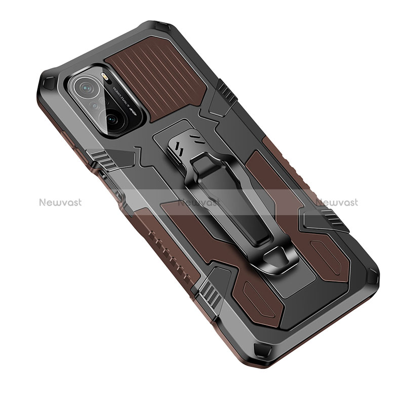 Silicone Matte Finish and Plastic Back Cover Case with Stand ZJ2 for Xiaomi Poco F3 5G Brown