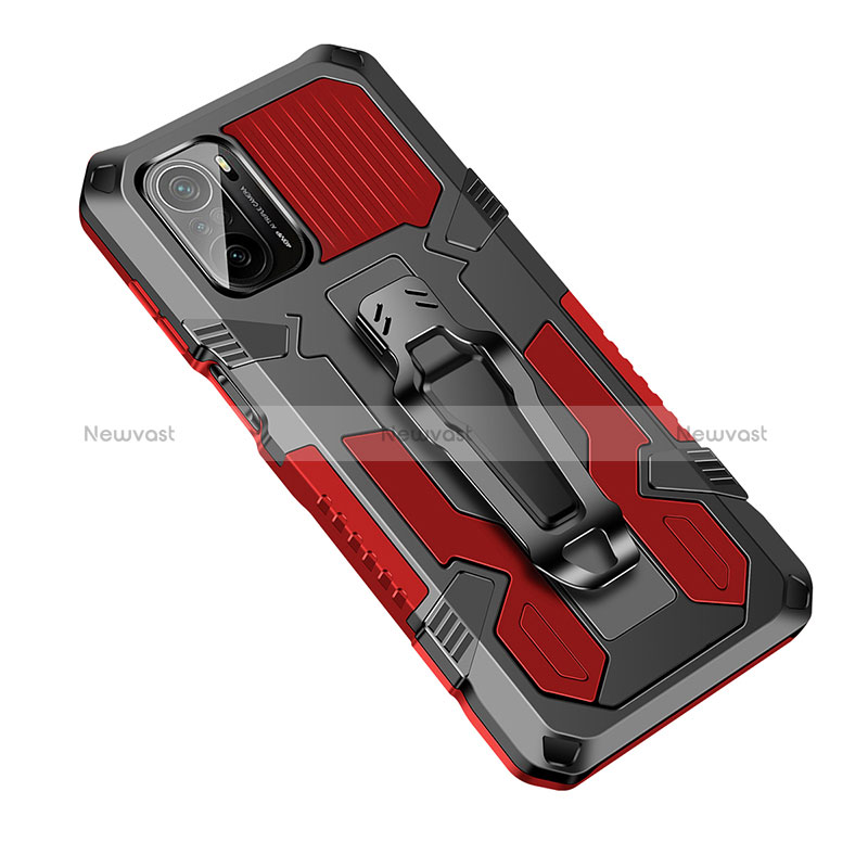 Silicone Matte Finish and Plastic Back Cover Case with Stand ZJ2 for Xiaomi Poco F3 5G Red