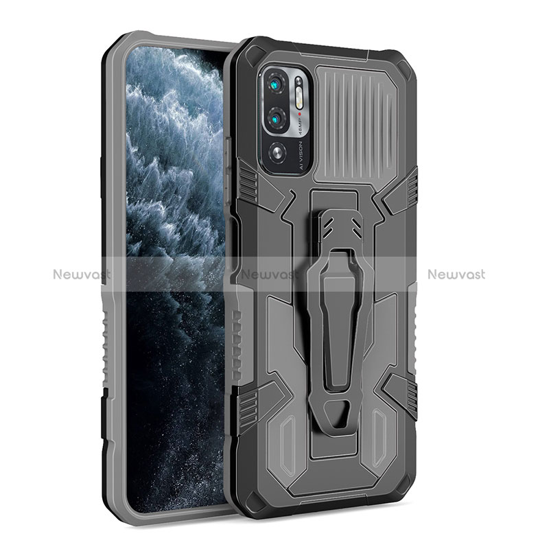 Silicone Matte Finish and Plastic Back Cover Case with Stand ZJ2 for Xiaomi POCO M3 Pro 5G Gray