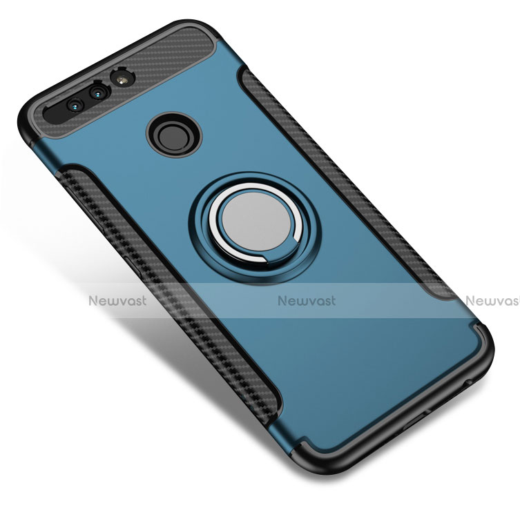 Silicone Matte Finish and Plastic Back Cover with Finger Ring Stand A01 for Huawei Honor V9 Blue