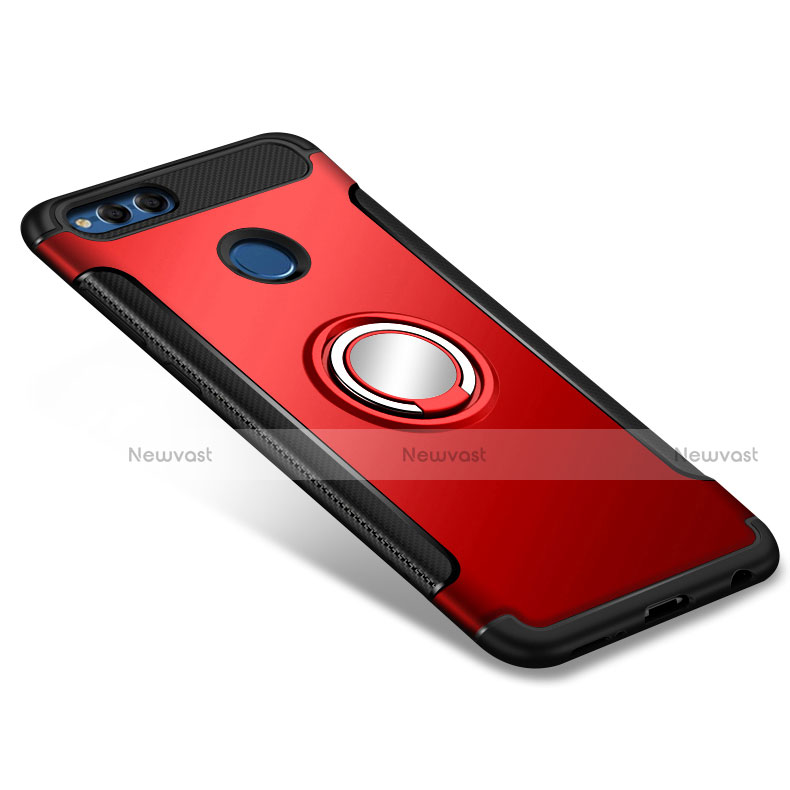 Silicone Matte Finish and Plastic Back Cover with Finger Ring Stand for Huawei Honor 7X Red