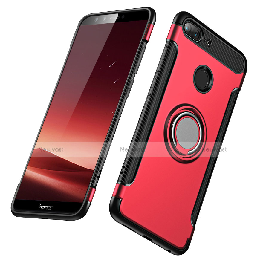 Silicone Matte Finish and Plastic Back Cover with Finger Ring Stand for Huawei Honor 9 Lite Red