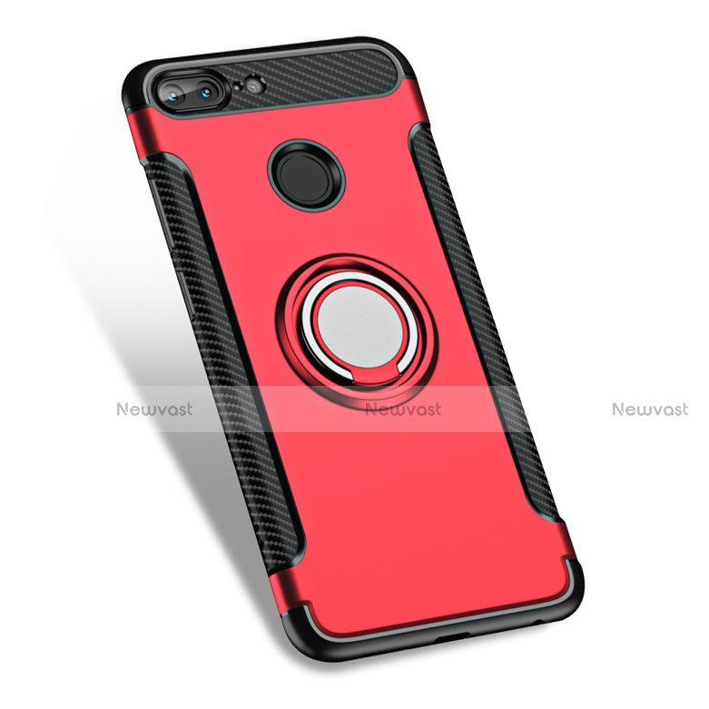 Silicone Matte Finish and Plastic Back Cover with Finger Ring Stand for Huawei Honor 9 Lite Red