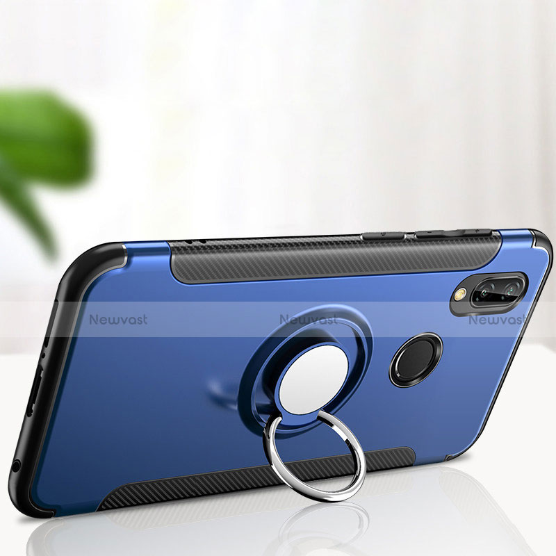 Silicone Matte Finish and Plastic Back Cover with Finger Ring Stand for Huawei P Smart+ Plus Blue