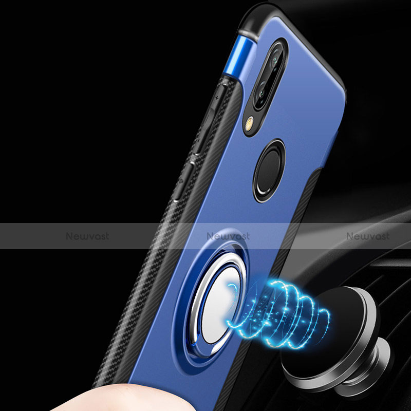 Silicone Matte Finish and Plastic Back Cover with Finger Ring Stand for Huawei P Smart+ Plus Blue