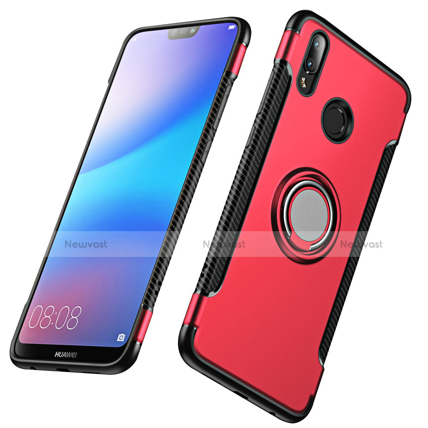 Silicone Matte Finish and Plastic Back Cover with Finger Ring Stand for Huawei P20 Lite Red