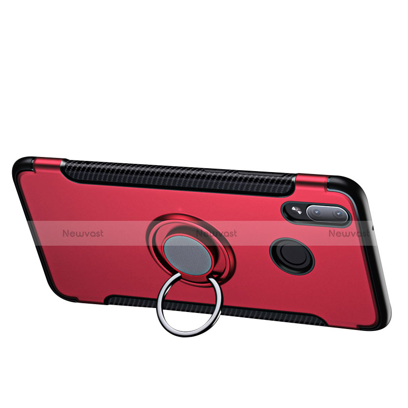 Silicone Matte Finish and Plastic Back Cover with Finger Ring Stand for Huawei P20 Lite Red