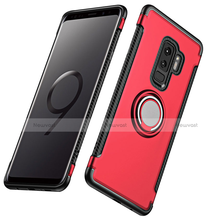 Silicone Matte Finish and Plastic Back Cover with Finger Ring Stand for Samsung Galaxy S9 Plus Red