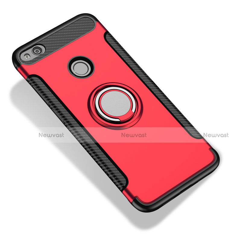 Silicone Matte Finish and Plastic Back Cover with Finger Ring Stand for Xiaomi Redmi 3X Red