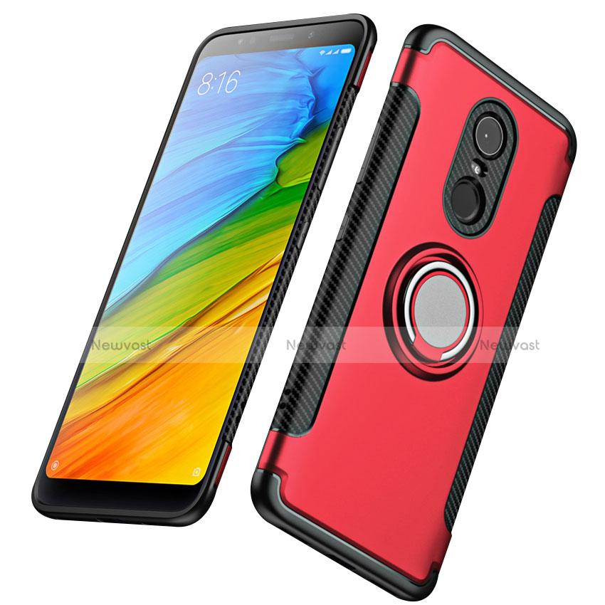 Silicone Matte Finish and Plastic Back Cover with Finger Ring Stand for Xiaomi Redmi Note 5 Indian Version Red