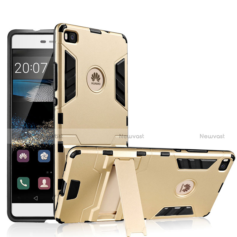 Silicone Matte Finish and Plastic Back Cover with Stand for Huawei P8 Gold