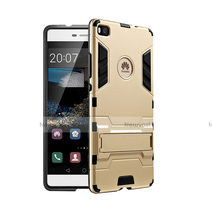 Silicone Matte Finish and Plastic Back Cover with Stand for Huawei P8 Gold