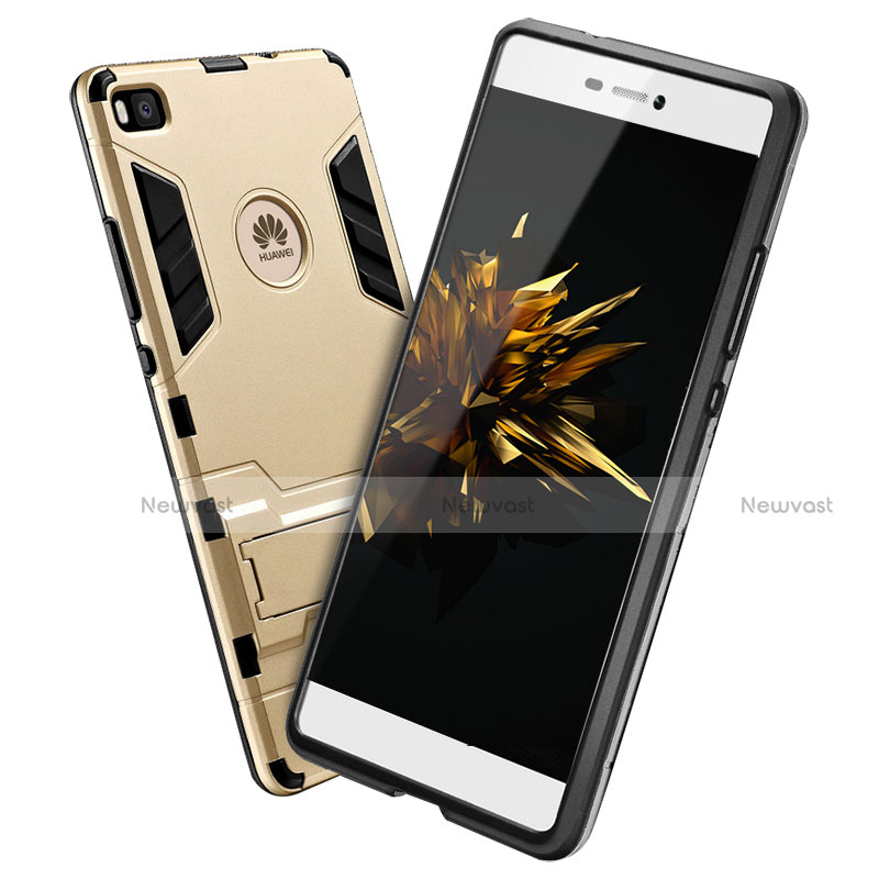 Silicone Matte Finish and Plastic Back Cover with Stand for Huawei P8 Gold