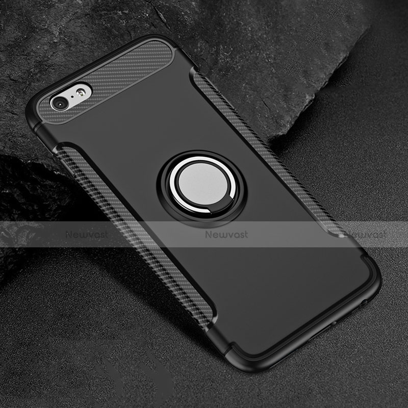 Silicone Matte Finish Case with Finger Ring Stand for Apple iPhone 6 Plus Black