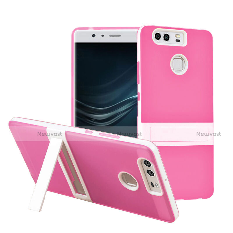 Silicone Matte Finish Stands Case for Huawei P9 Pink