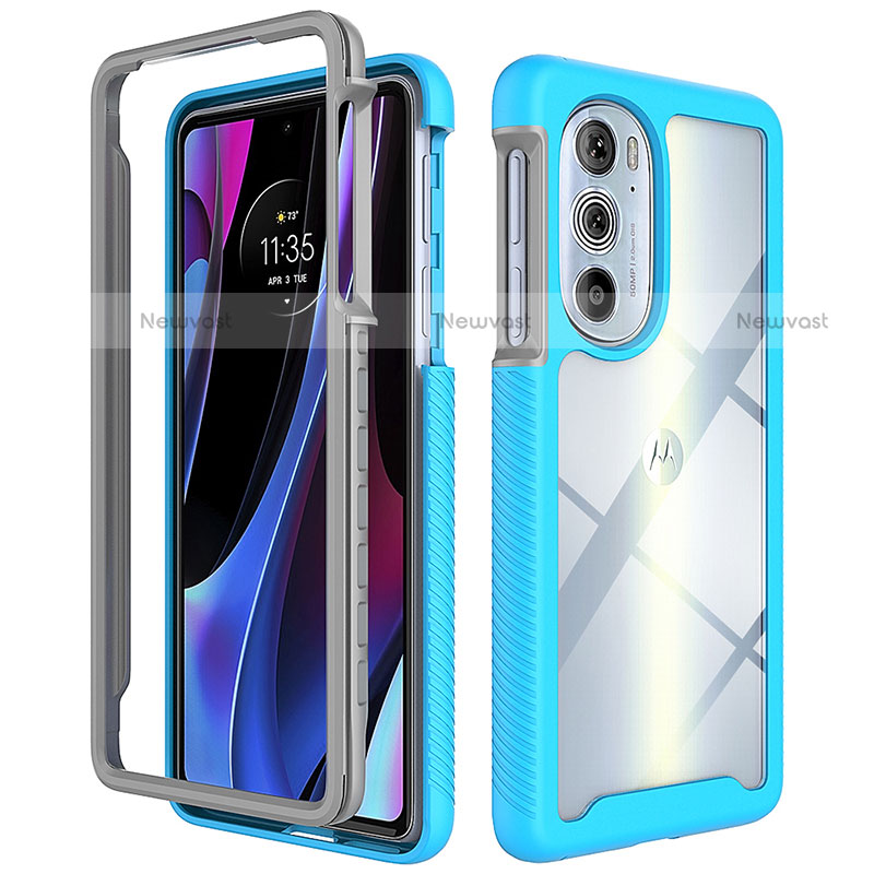 Silicone Transparent Frame Case Cover 360 Degrees for Motorola Moto Edge Plus (2022) 5G Cyan