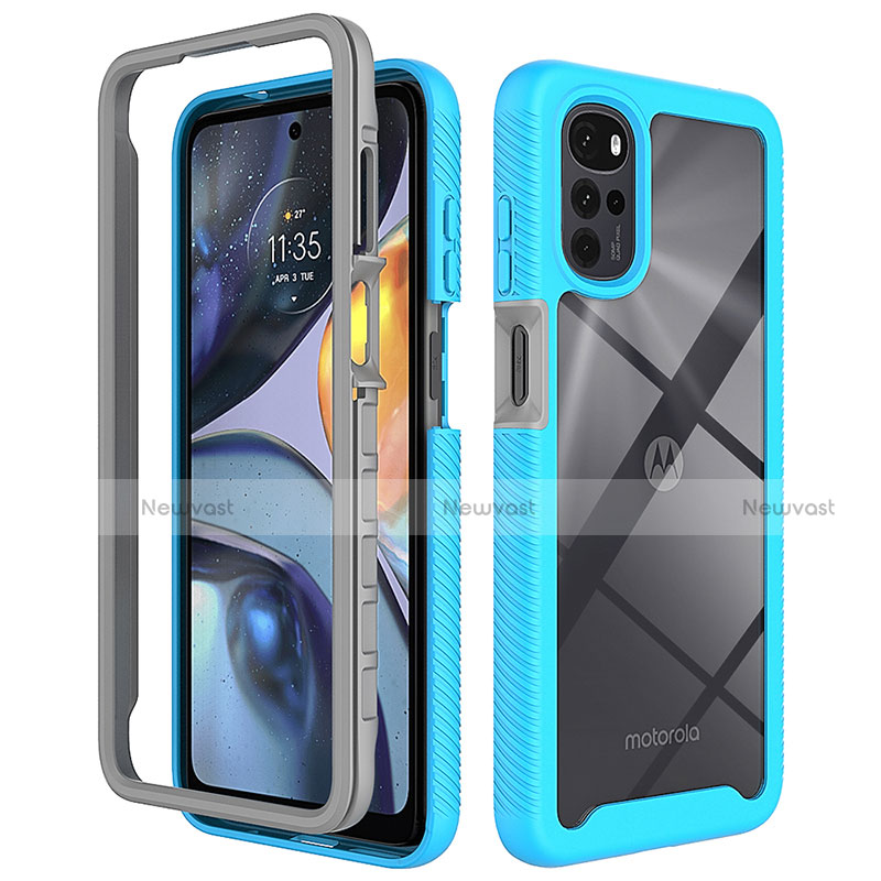 Silicone Transparent Frame Case Cover 360 Degrees for Motorola Moto G22 Cyan