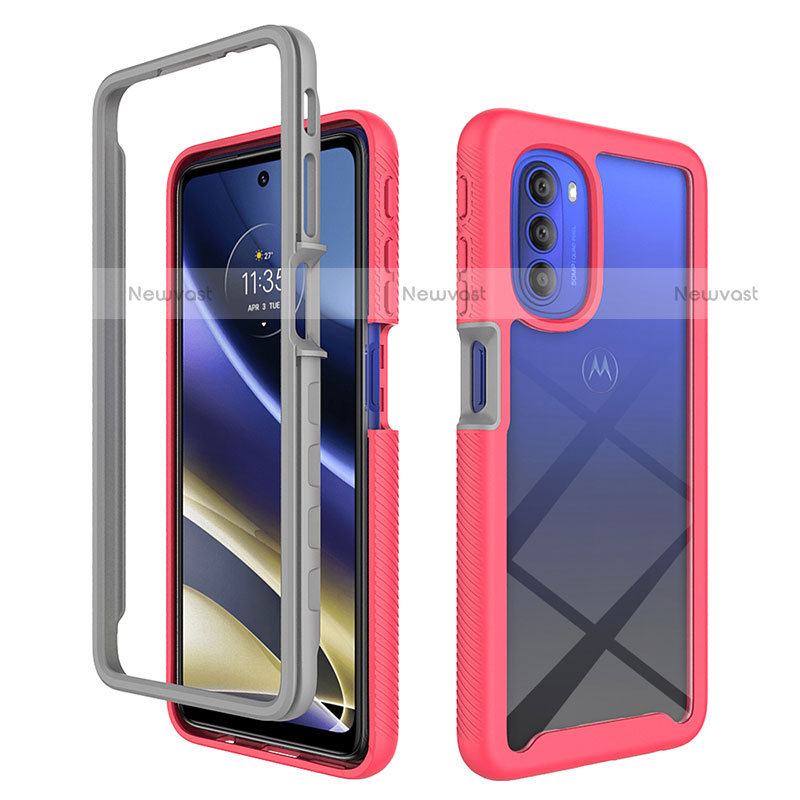 Silicone Transparent Frame Case Cover 360 Degrees for Motorola Moto G51 5G Hot Pink