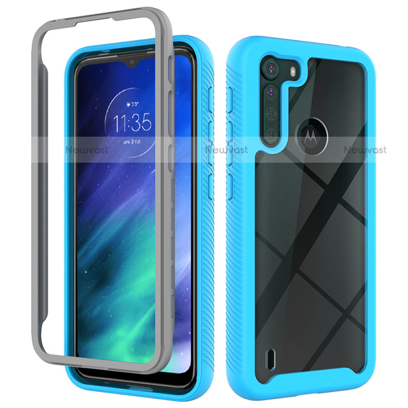 Silicone Transparent Frame Case Cover 360 Degrees for Motorola Moto One Fusion Cyan