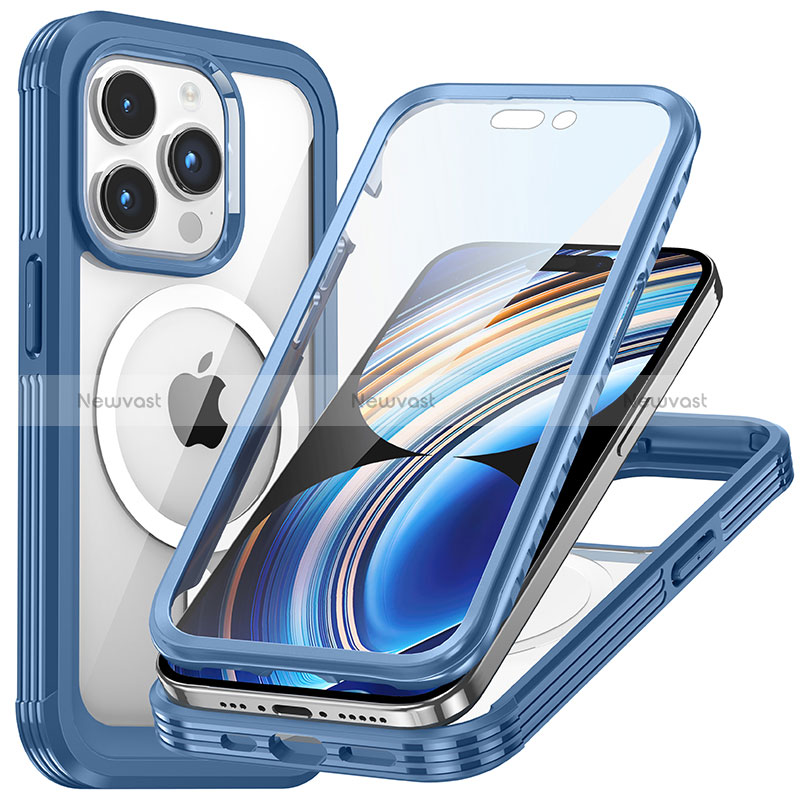 Silicone Transparent Frame Case Cover 360 Degrees with Mag-Safe Magnetic T01 for Apple iPhone 14 Pro Blue