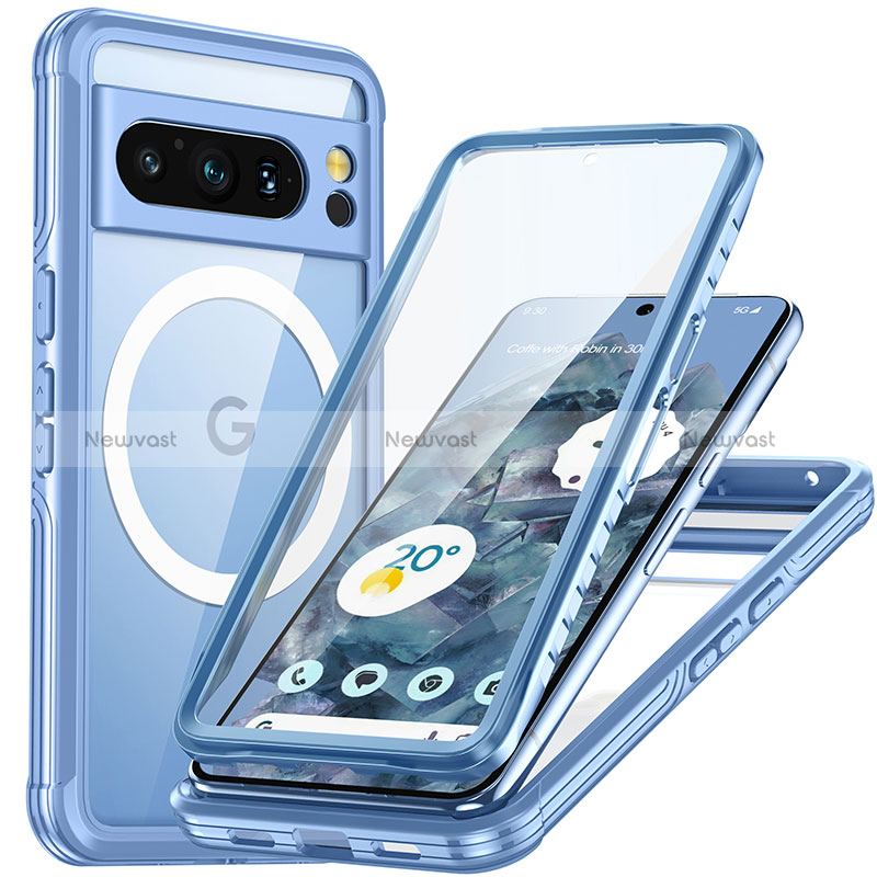 Silicone Transparent Frame Case Cover 360 Degrees with Mag-Safe Magnetic T01 for Google Pixel 8 Pro 5G Blue