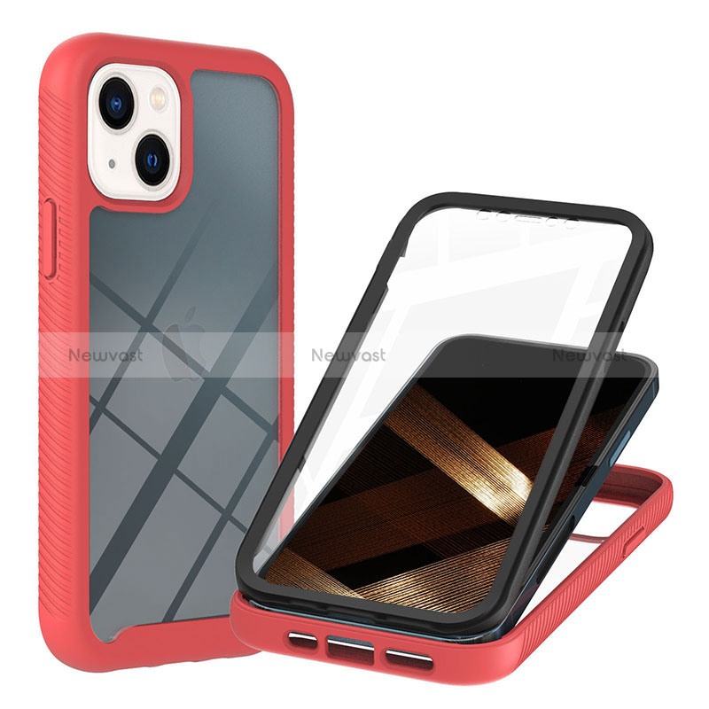 Silicone Transparent Frame Case Cover 360 Degrees YB1 for Apple iPhone 15 Red