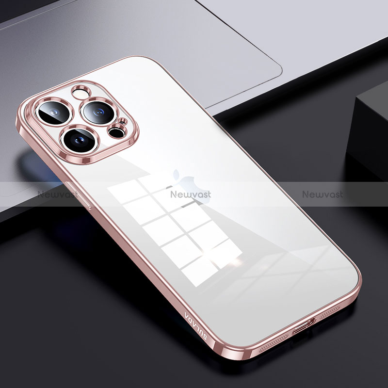 Silicone Transparent Frame Case Cover LD2 for Apple iPhone 14 Pro Max Rose Gold
