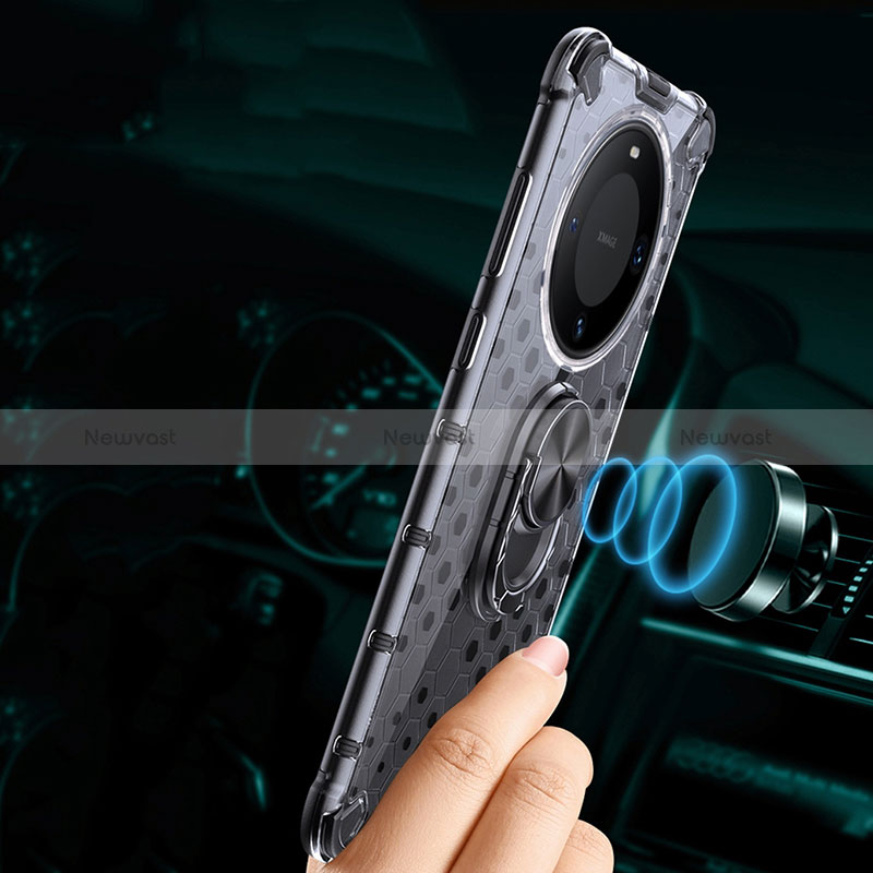 Silicone Transparent Mirror Frame Case 360 Degrees with Magnetic Finger Ring Stand AM1 for Huawei Mate 60 Pro