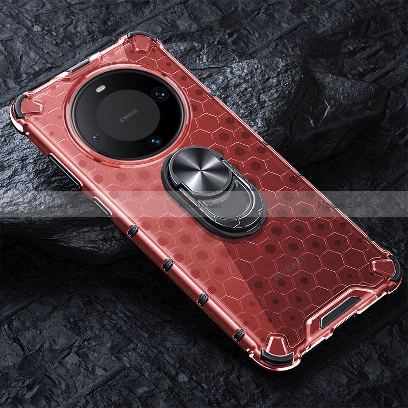 Silicone Transparent Mirror Frame Case 360 Degrees with Magnetic Finger Ring Stand AM1 for Huawei Mate 60 Pro+ Plus Red