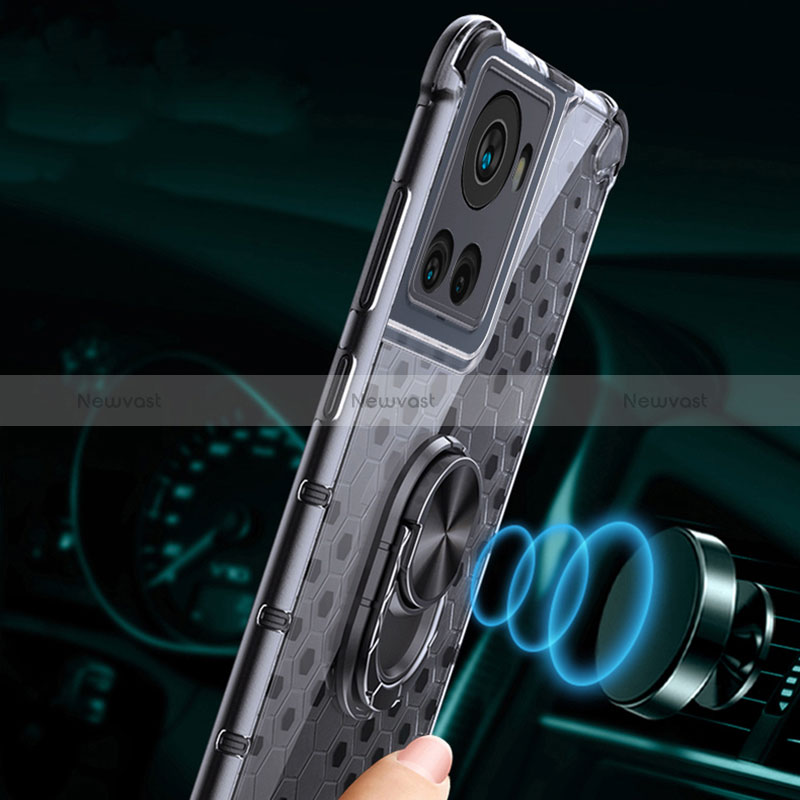 Silicone Transparent Mirror Frame Case 360 Degrees with Magnetic Finger Ring Stand AM1 for OnePlus 10R 5G