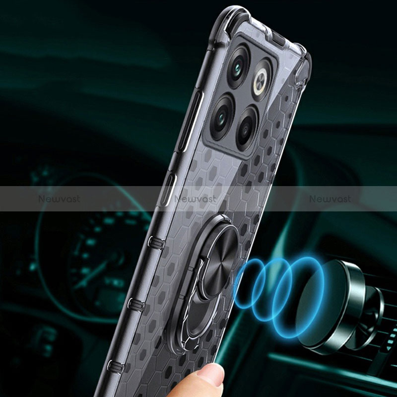 Silicone Transparent Mirror Frame Case 360 Degrees with Magnetic Finger Ring Stand AM1 for OnePlus 10T 5G