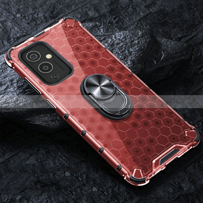 Silicone Transparent Mirror Frame Case 360 Degrees with Magnetic Finger Ring Stand AM1 for OnePlus 9 5G Red