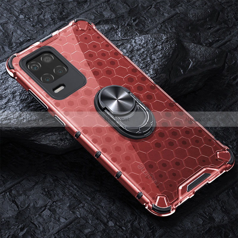 Silicone Transparent Mirror Frame Case 360 Degrees with Magnetic Finger Ring Stand AM1 for Realme 8s 5G Red